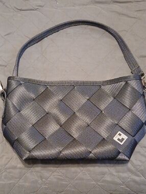 Woven Metallic Gray Shoulder Bag with Logo Accent